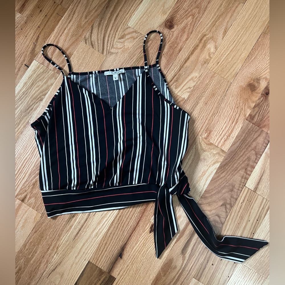 Express Black Striped Crop Top with Red Accents